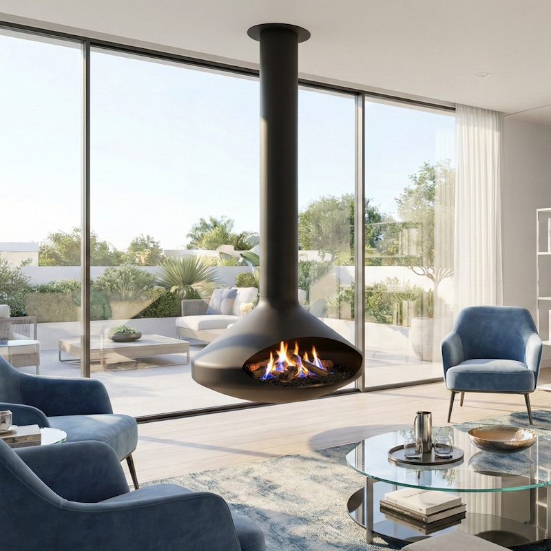Chimenea Colgante Andorra – Acero Negro Ø100 cm para Leña, Gas, Bioetanol o Vapor 3D