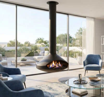 Chimenea Colgante Andorra – Acero Negro Ø100 cm para Leña, Gas, Bioetanol o Vapor 3D